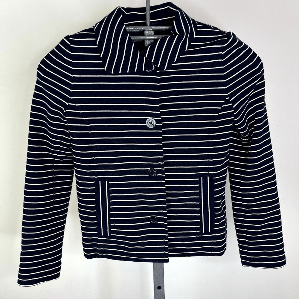 Talbots Petites Size P Nautical Navy White Stripe Jacket with Anchor Buttons